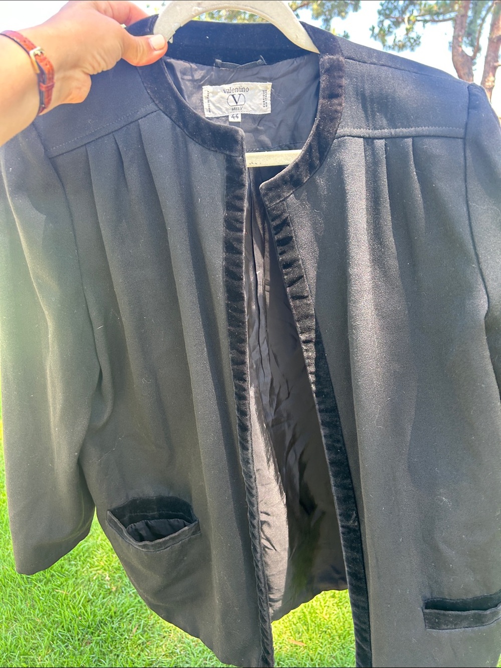 VINTAGE VALENTINO  Black Collarless Velvet-Trim Jacket